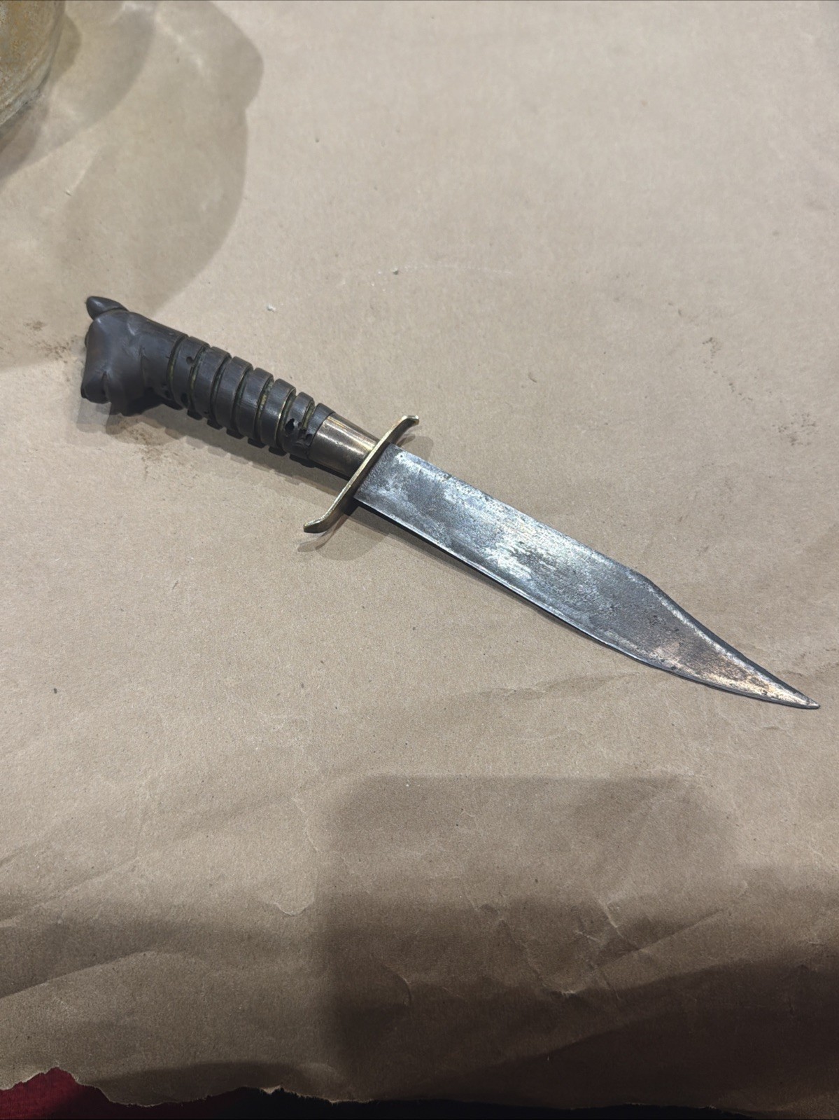 Vintage Philippine Fixed Blade Knife With Carved Horn Handle Dog Head 10” Total Vintage Philippine Fixed Blade Knife With Carved Horn Handle Dog Head 10” Total