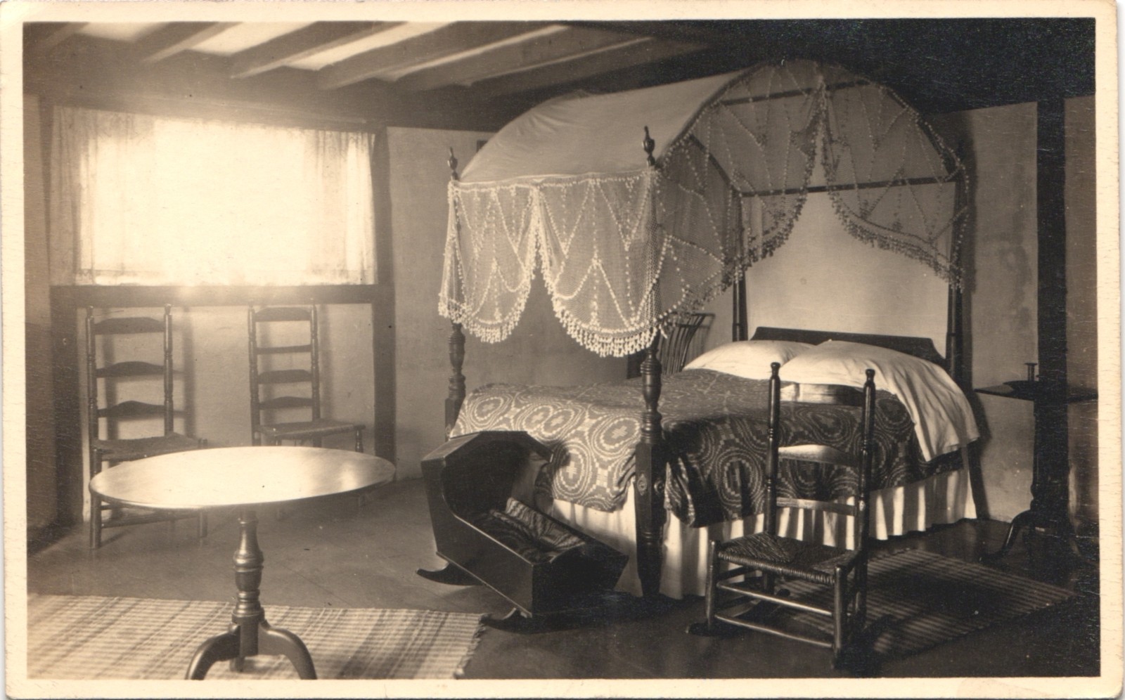 BEDROOM INTERIOR c1910 postcard real photo rppc house or hotel antique canopy