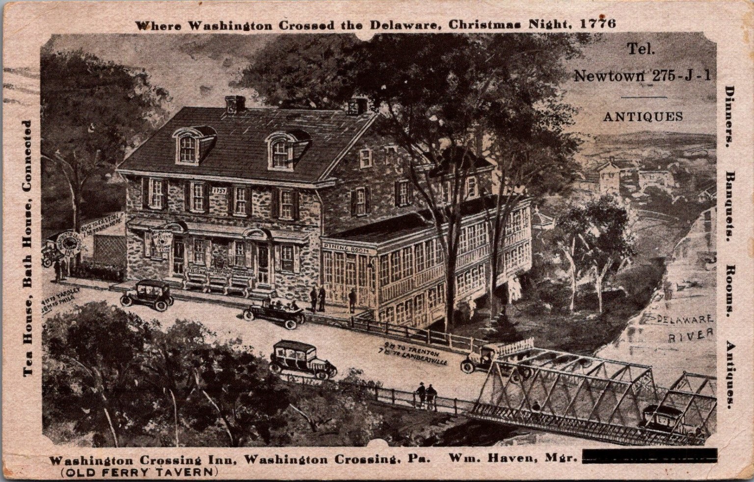 Washington Crossing Inn PA Postcard 1932 Old Ferry Tavern Delaware River Bridge
