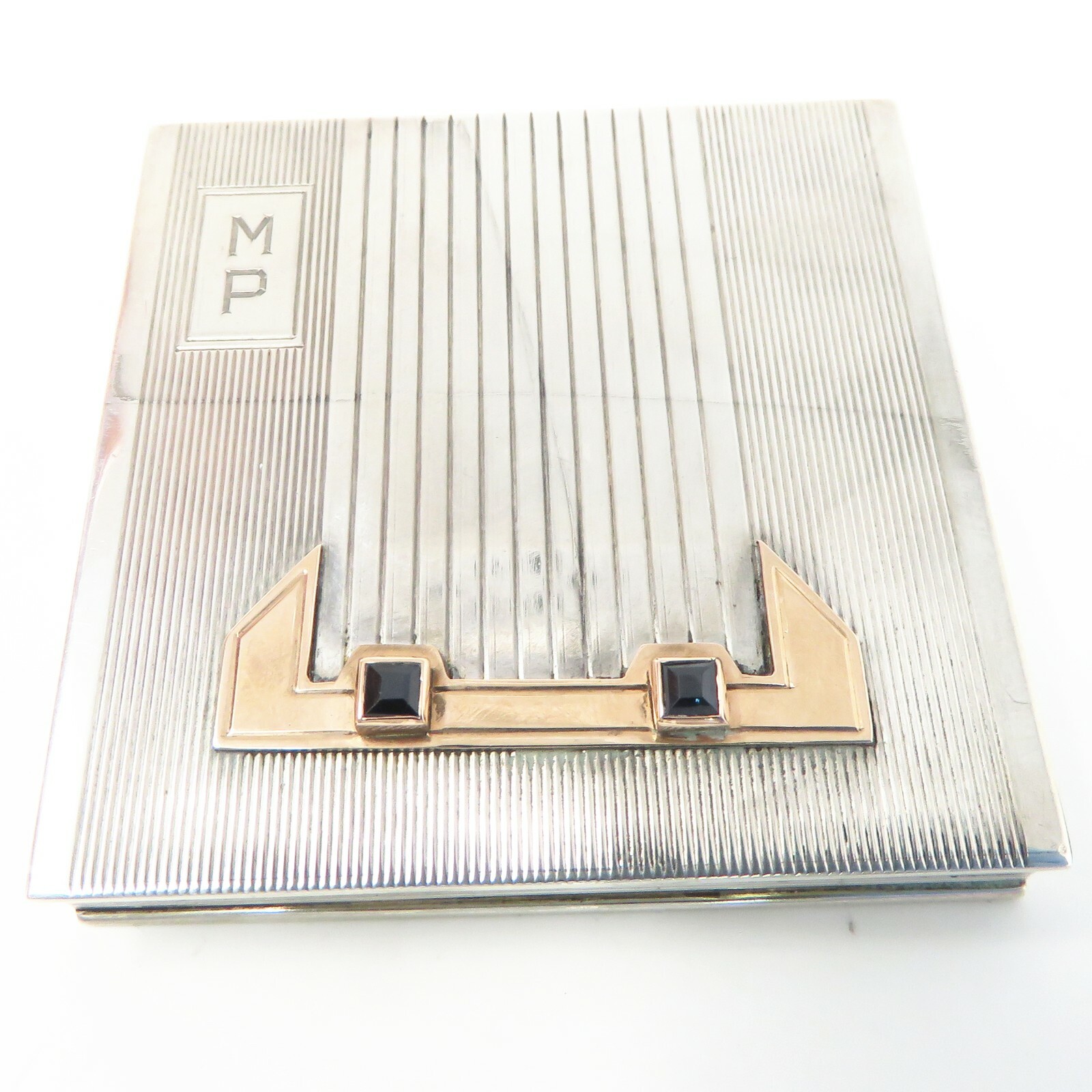 NYJEWEL Cartier 14kt Gold Silver Sapphire Art Deco Makeup Compact with Mirror