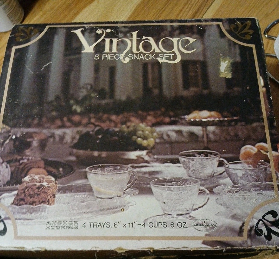 Vintage Anchor Hocking 8 Piece Snack Set . With Original Box 2 Complete Sets
