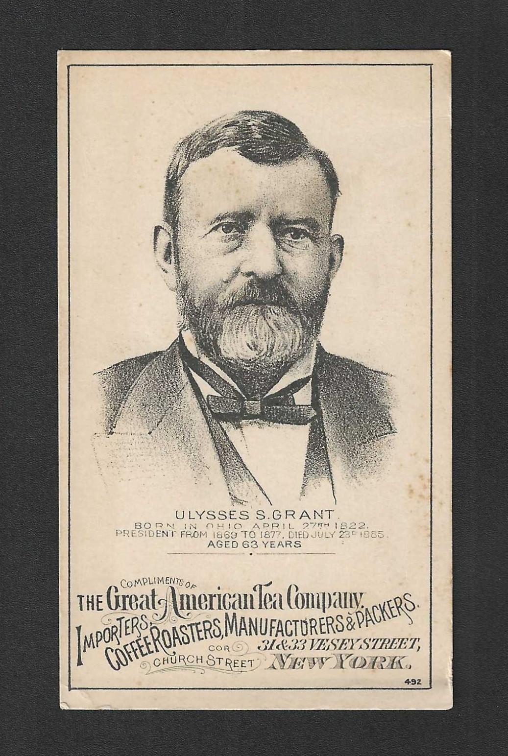 c1880\'s HD2A Trade Card - Great American Tea Company - President Ulysses S Grant