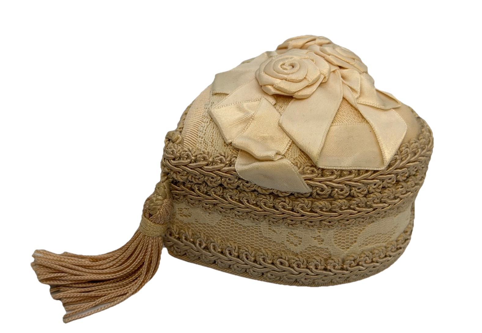 VTG Heart Shaped Handmade Victorian Style Fabric Trinket Box Lid Tassel Decor