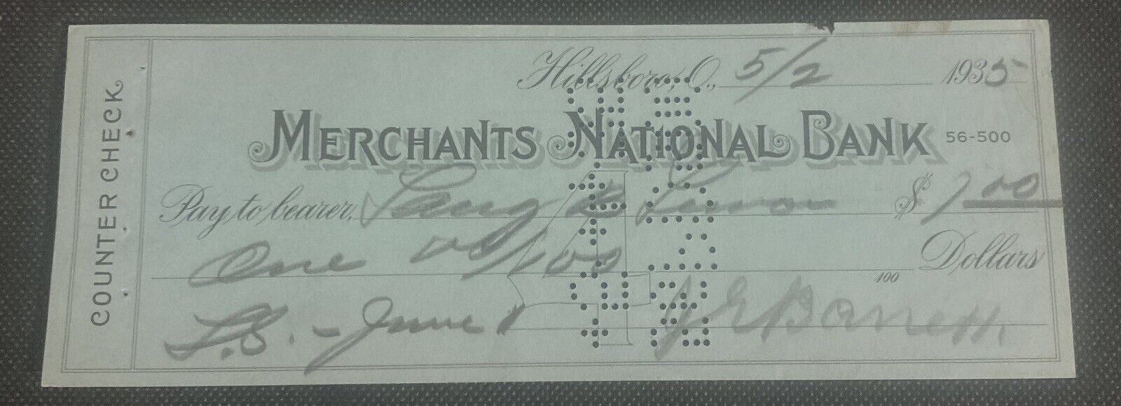 Merchants National Bank, Hillsboro, OH 1935 Counter Check
