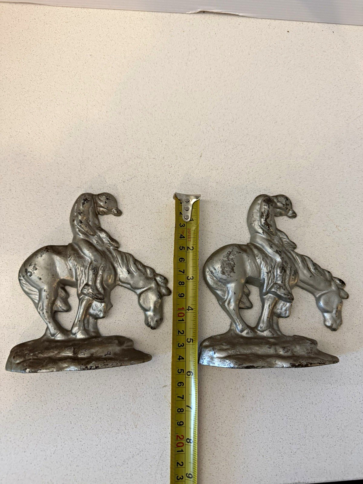 Pair Vintage Style Cast Metal Cowboy Bucking Horse Western Figurines 6”