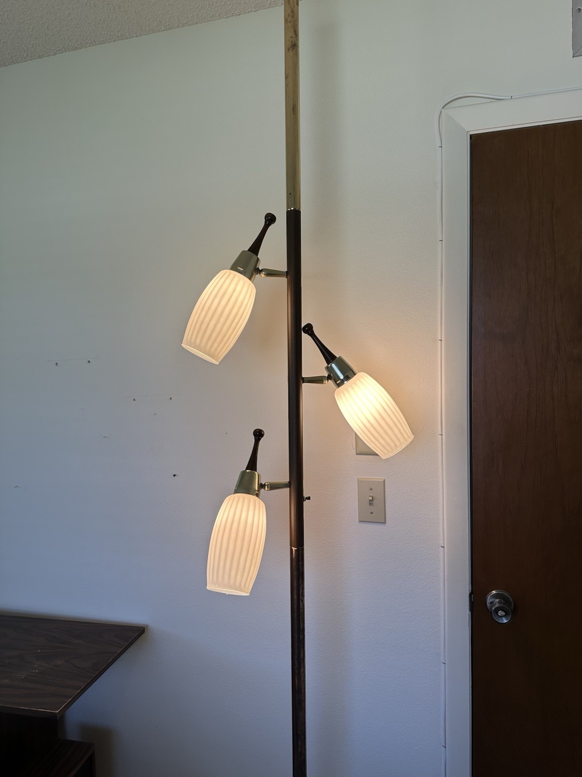 Rare Danish Modern MCM 3 Light Pole Lamp Ribbed Glass Hardwood Accents Stunning