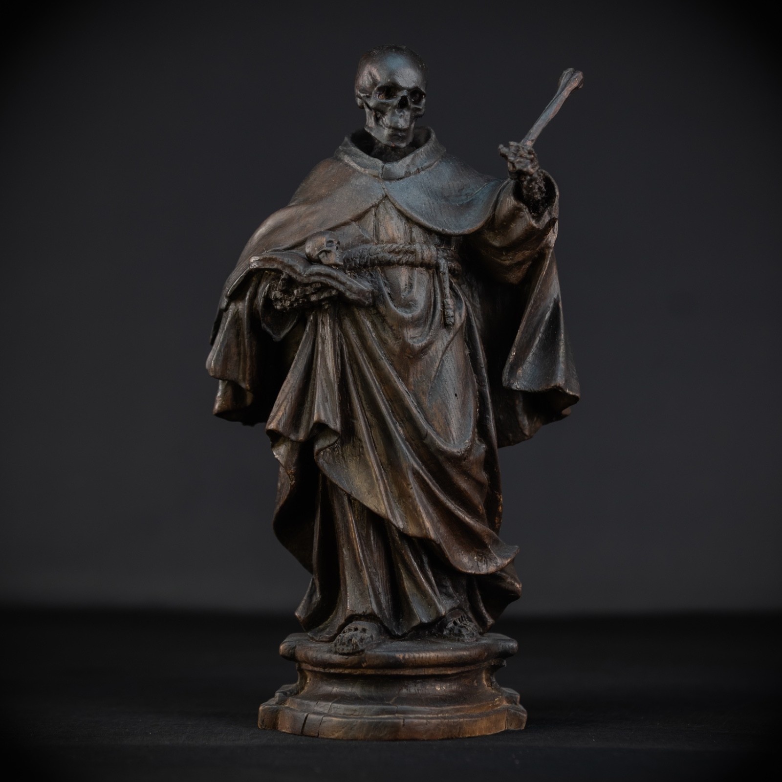 Memento Mori Wooden Statue | Franciscan Friar 1700s Death Carving Figure | 13.6”
