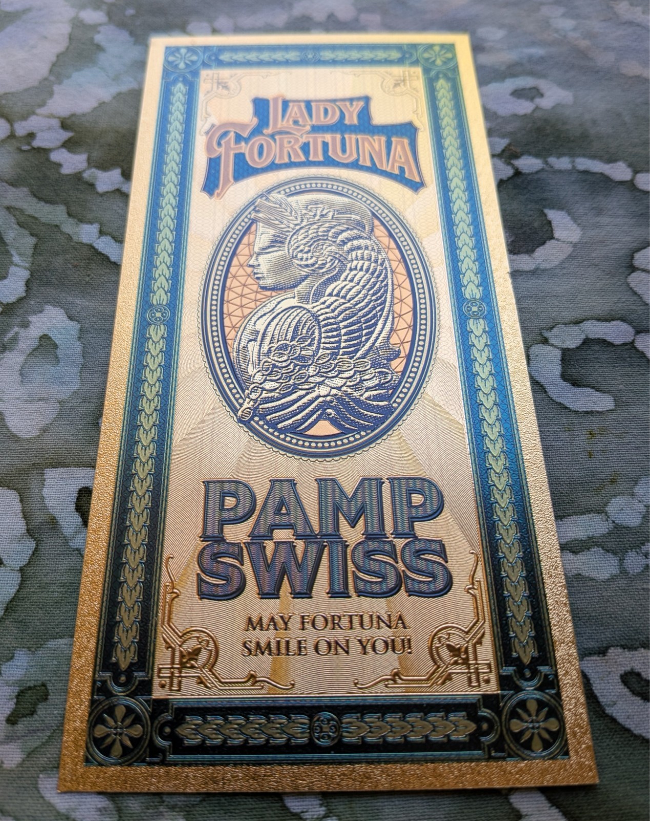 24k Gold Foil Plated Pamp Suisse Lady Fortuna Collectible Banknote. Mint