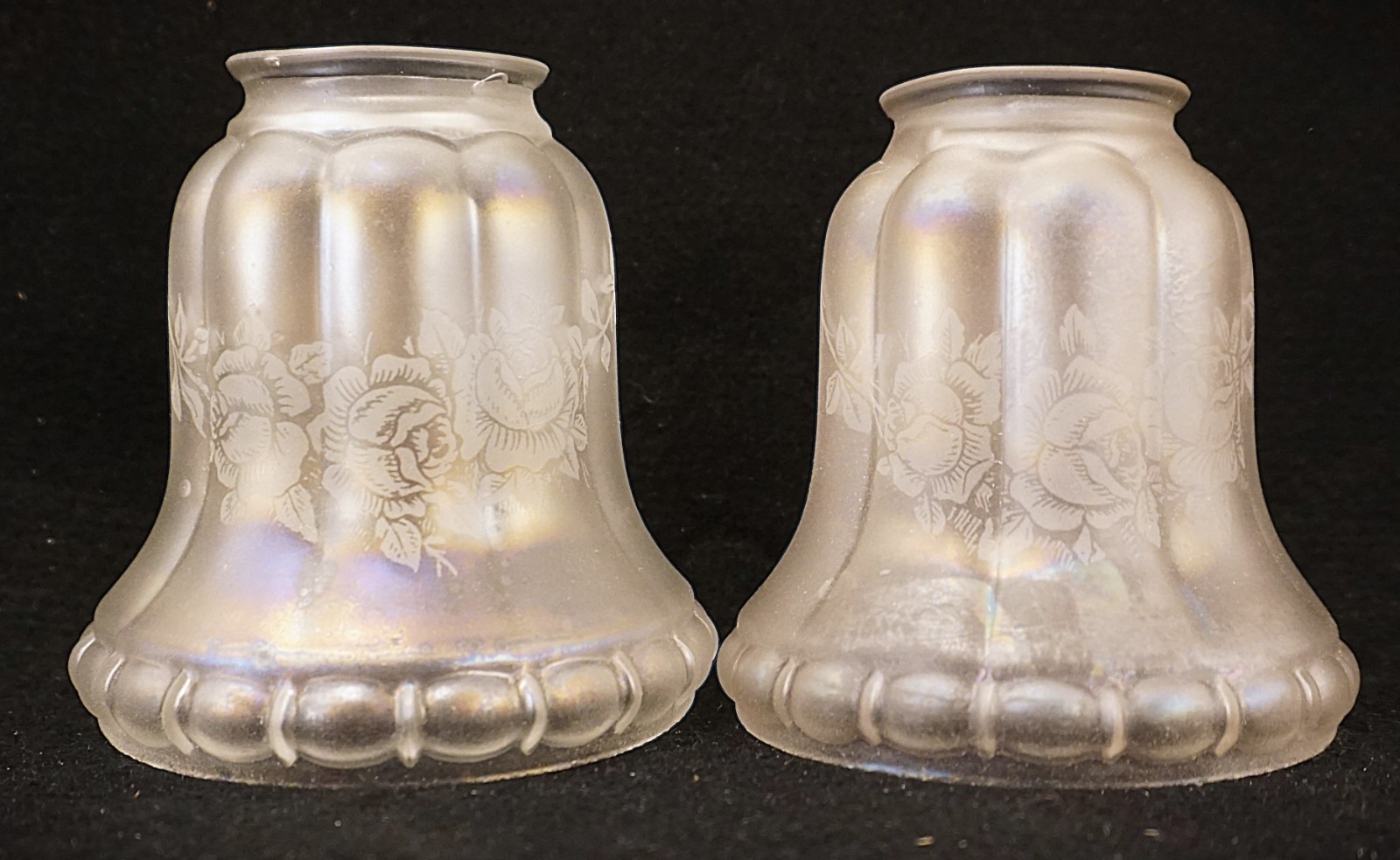 Antique Vtg Pair Iridescent Art Glass Lamp Shades Floral Victorian Deco Nouveau