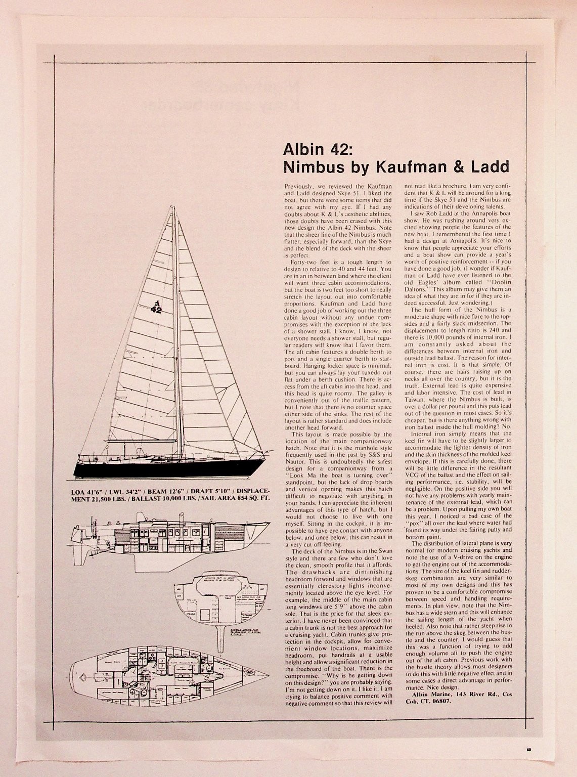 Albin 42 Nimbus Sailboat Yacht Vintage Magazine Article Print Kaufman Ladd