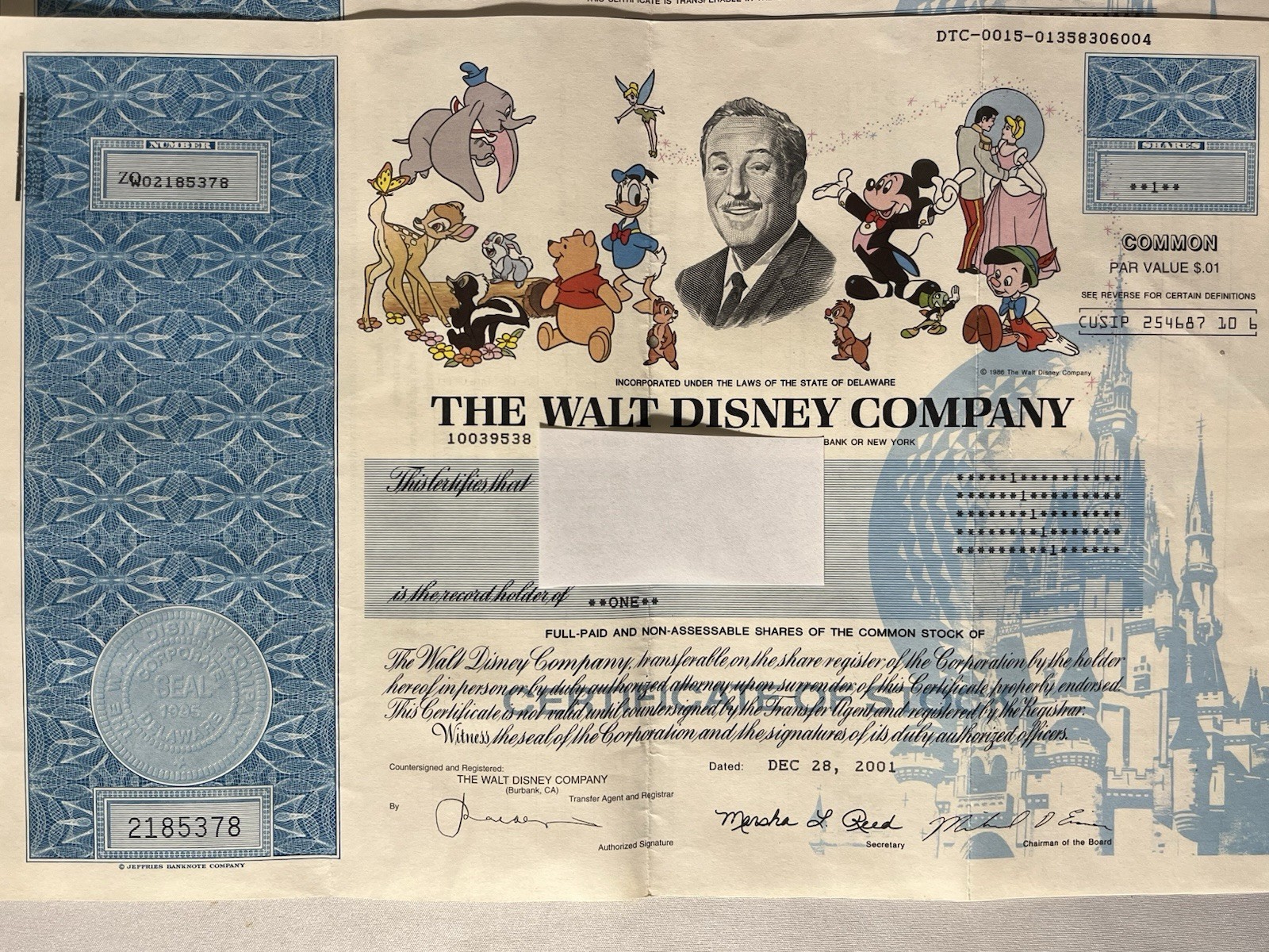 (2) Original 2001 Walt Disney Company 1 Share Paper Stock NM Condition