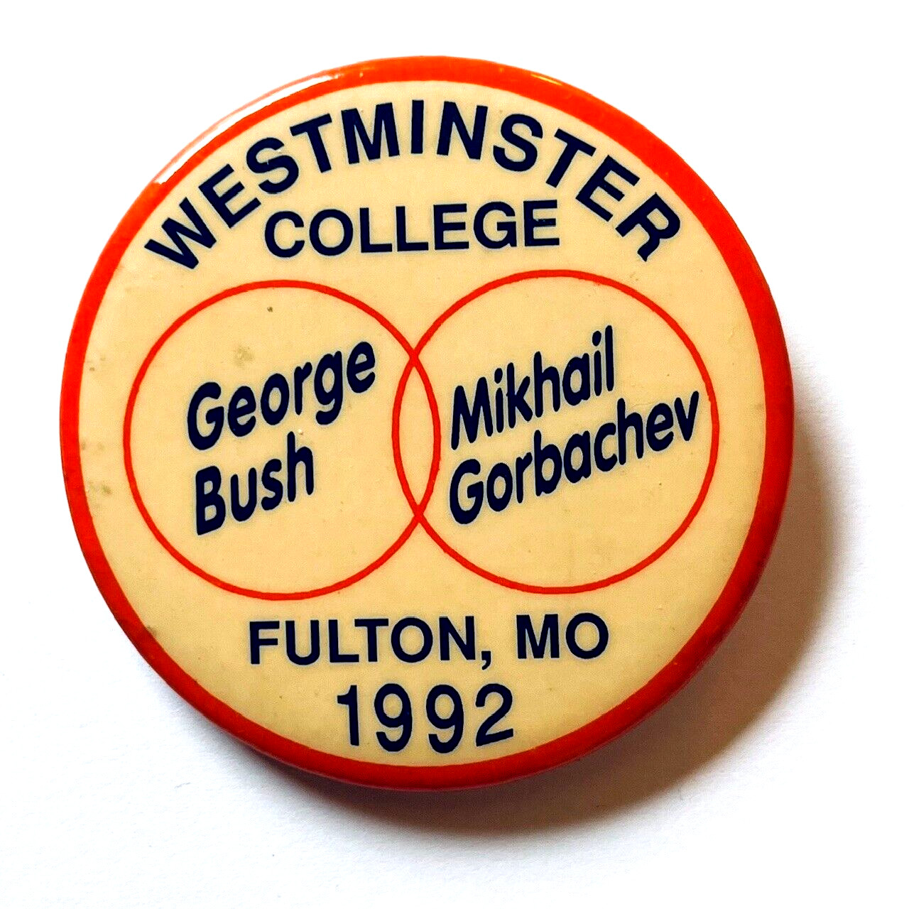 Rare Vintage Button '92 George Bush Mikhail Gorbachev Westminster Politics Pin
