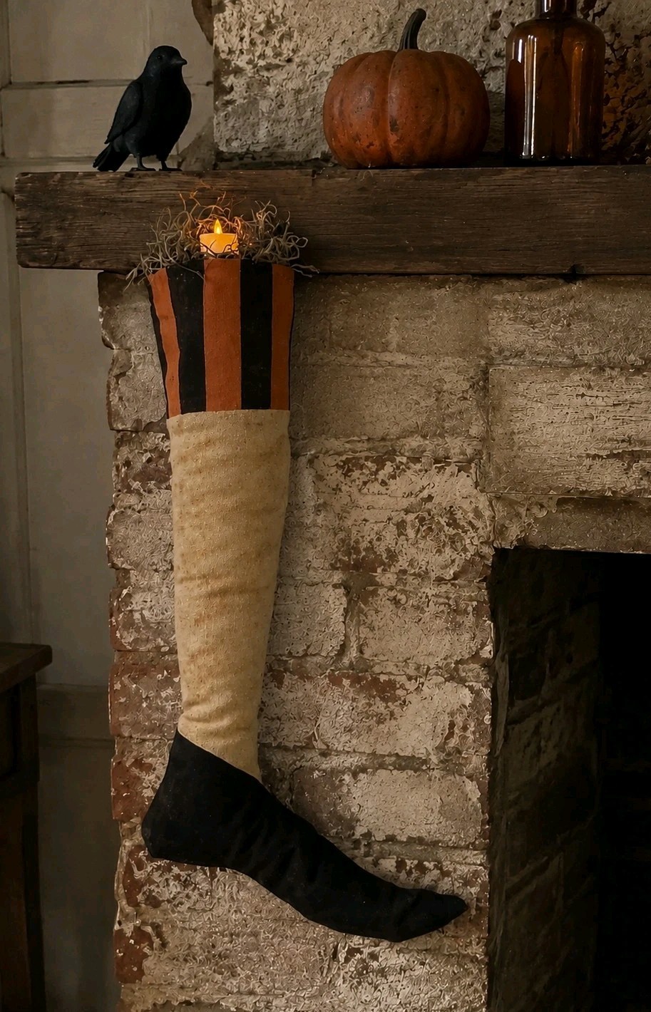 Handmade Grungy Primitive Witch Boot Stocking Halloween Folk Art 17\