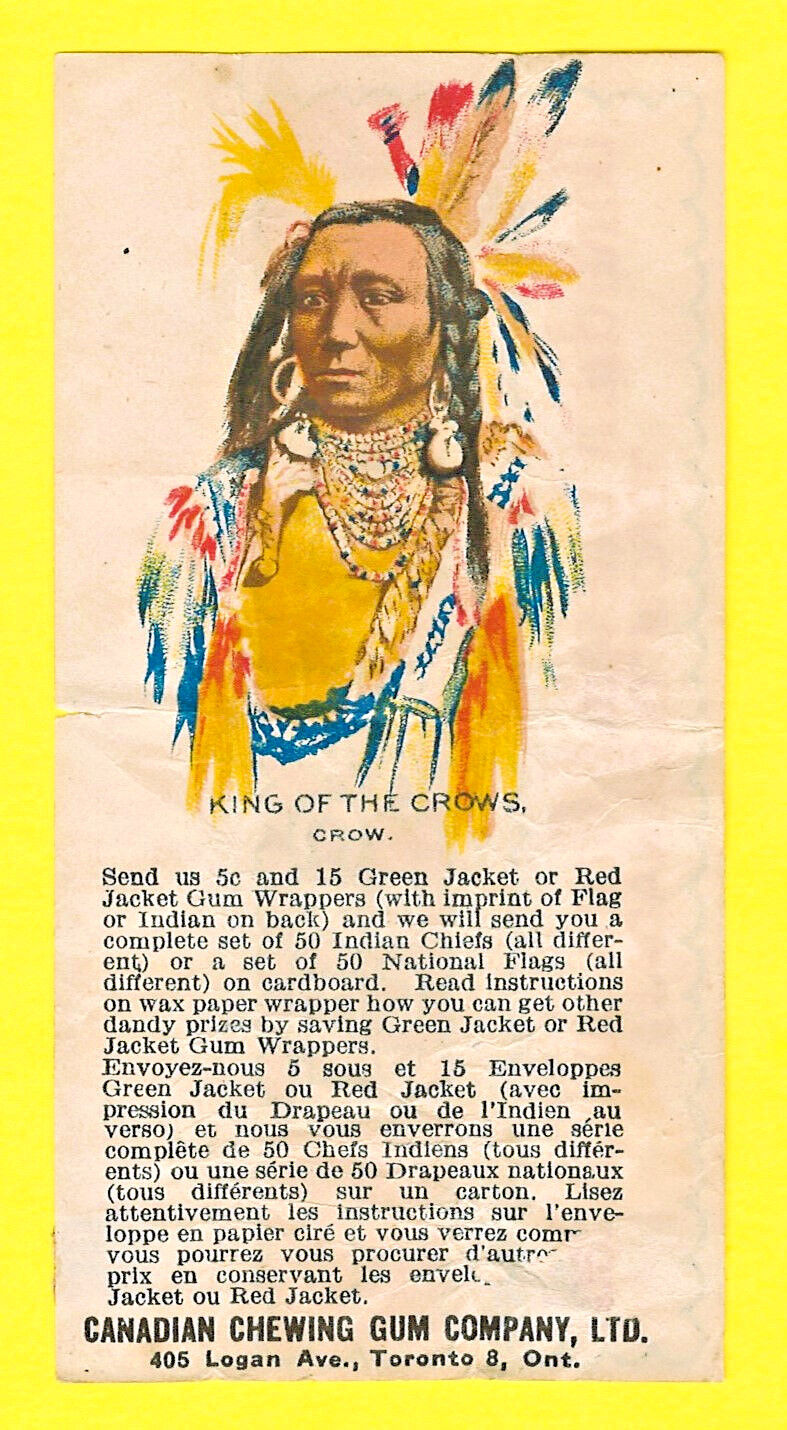1930 V253 CANADIAN CHEWING GUM INDIAN CHIEFS RED JACKET WRAPPER - KING of CROWS