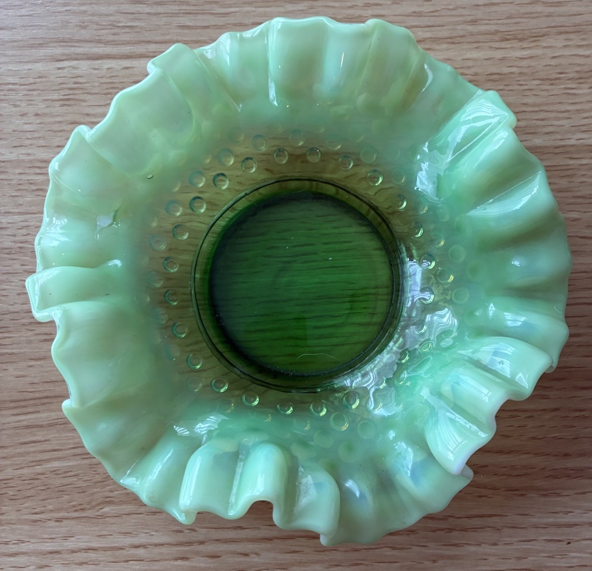 Fenton Emerald Green Hobnail Ruffled Shallow Bowl