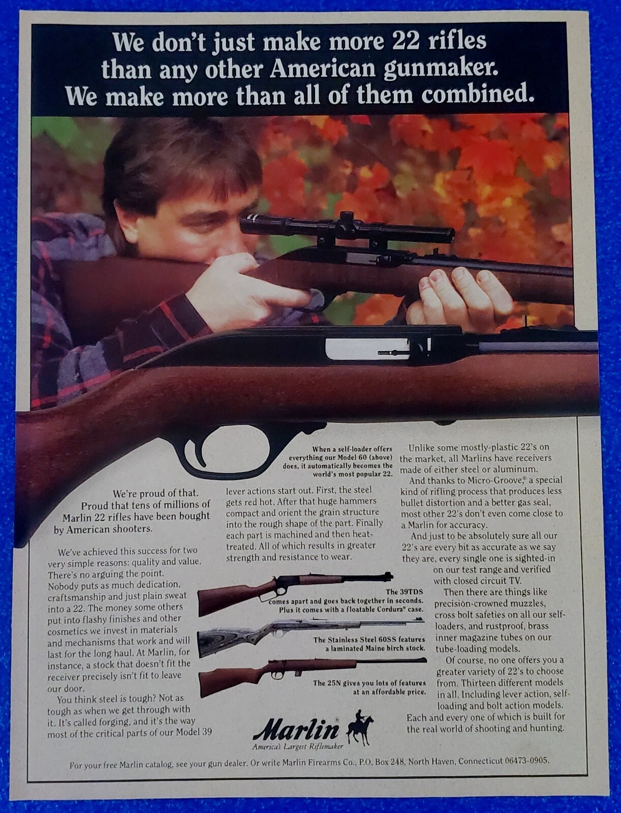 1993 Marlin Model 39TDS 60SS 25N Rifle Print Ad Vintage .22 Rimfire Hunting Art