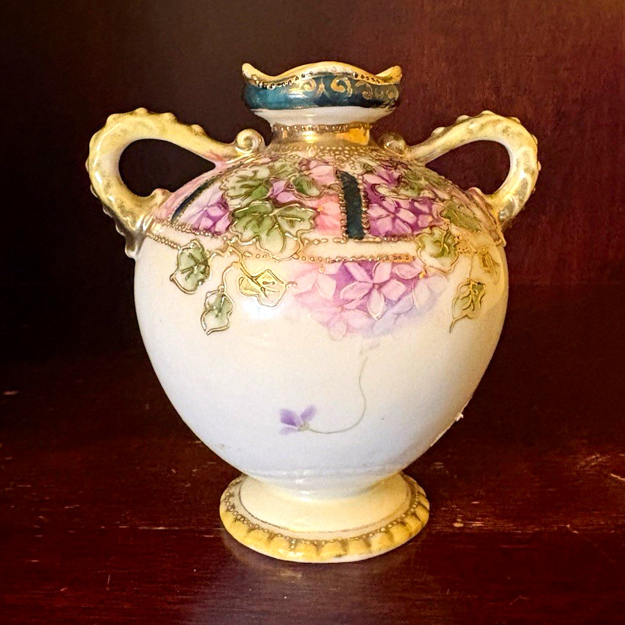Antique Nippon Hand Painted Double Handled Urn Vase Blue Maple Leaf Mark 1891