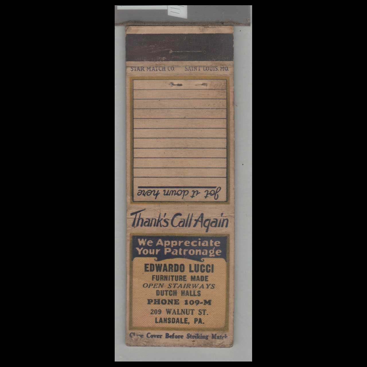 Matchbook Cover - Star Match Co Edwardo Lucci Furniture Made Lansdale, PA Matchbook Cover - Star Match Co Edwardo Lucci Furniture Made Lansdale, PA