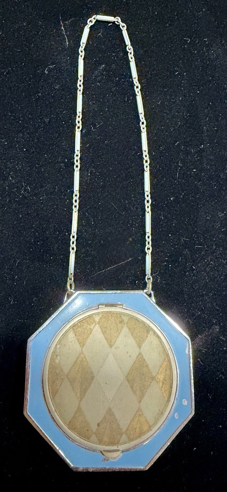 Vintage Art Deco Octagonal Dance Compact Chain Enamel Harlequin Diamond Pattern