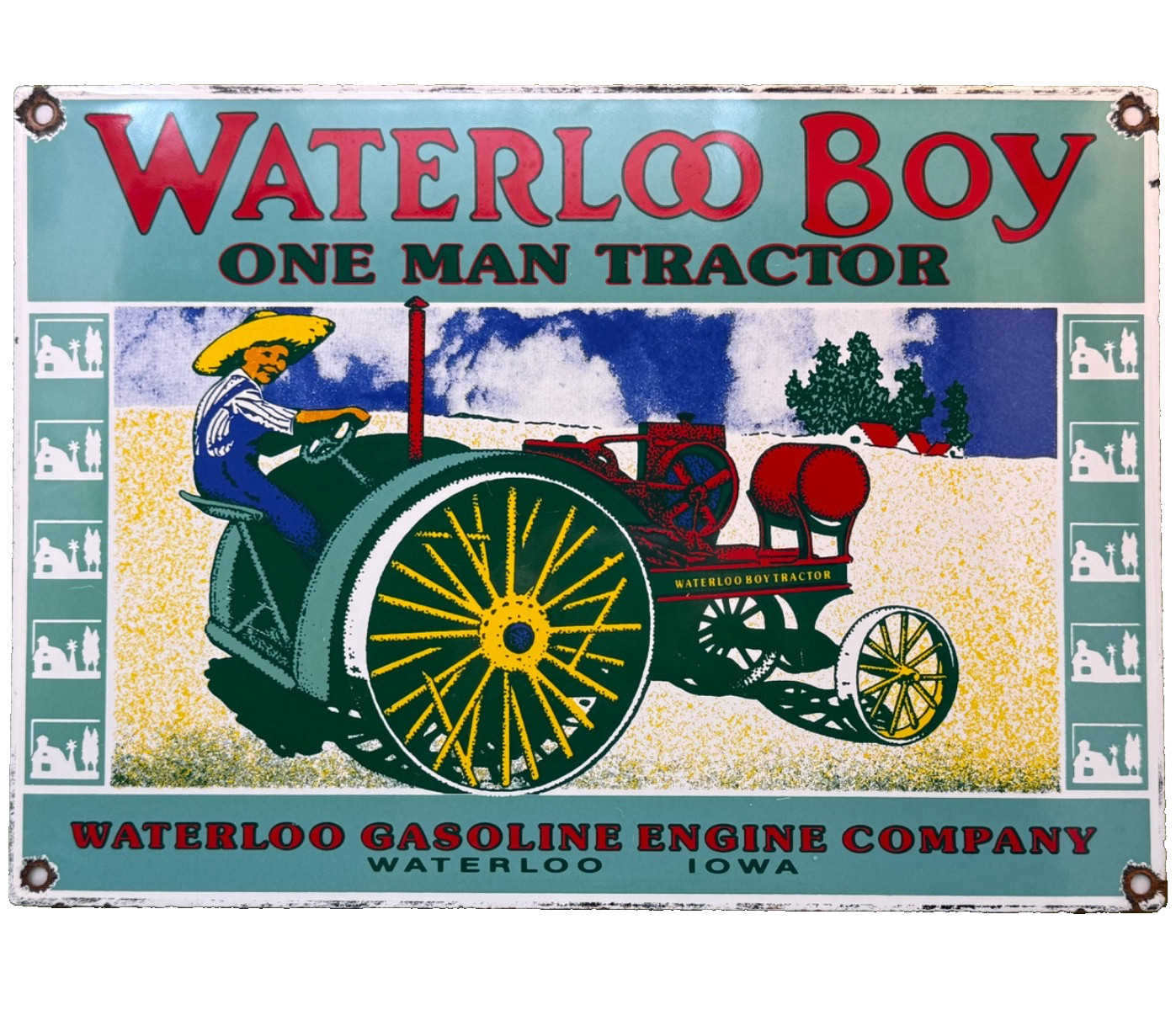 VINTAGE WATERLOO BOY TRACTORS PORCELAIN SIGN GAS STATION PUMP PLATE DEALERSHIP