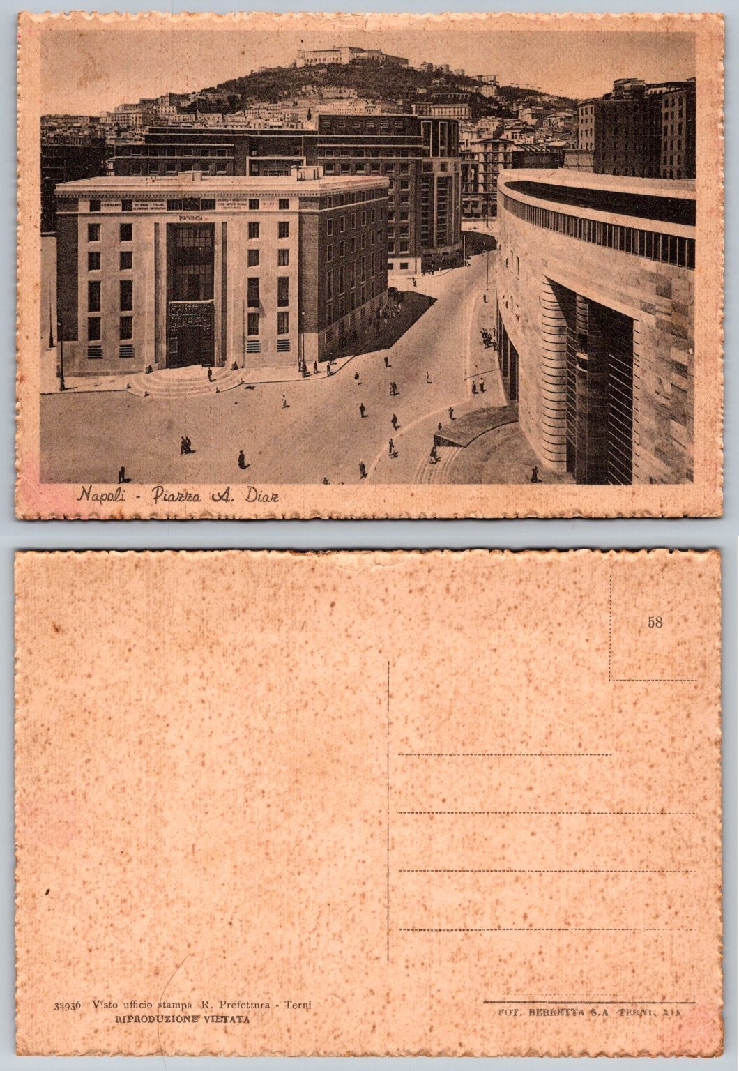 Naples Piazza A. Diaz Vintage Postcard Sepia Italy Architecture Berretta