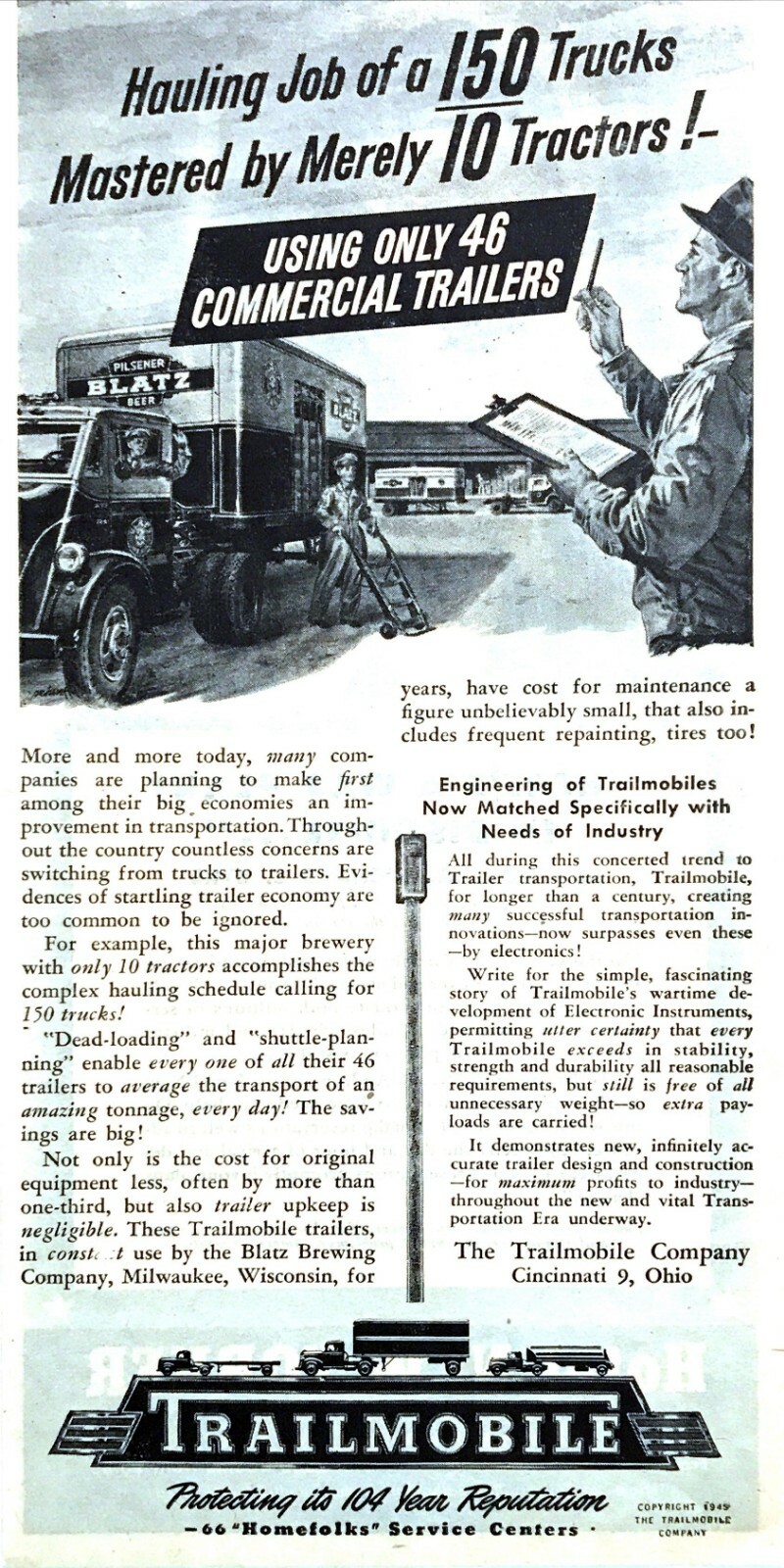 1945 Blatz Beer Tractor Trailer Truck art Trailmobile Trailer vintage print ad