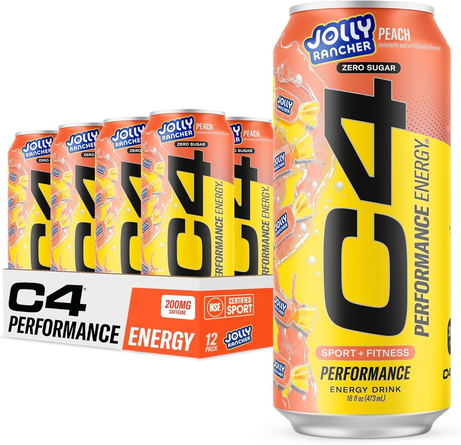 C4 Performance Energy Drink, Jolly Rancher Peach, Zero Sugar Carbonated Preworko C4 Performance Energy Drink, Jolly Rancher Peach, Zero Sugar Carbonated Preworko
