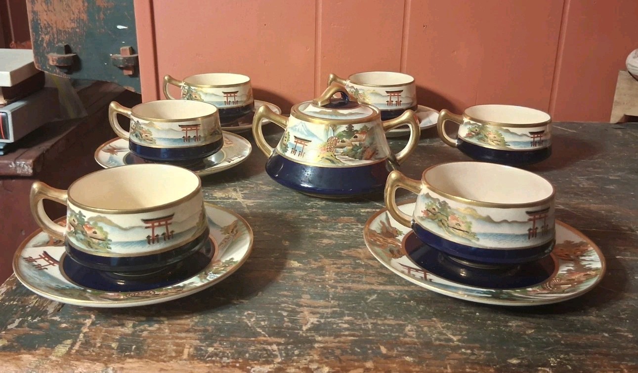 Antique Satsuma Koshida Cobalt  Partial Tea Set Mt Fuji Gold Art Nouveau 12pcs 