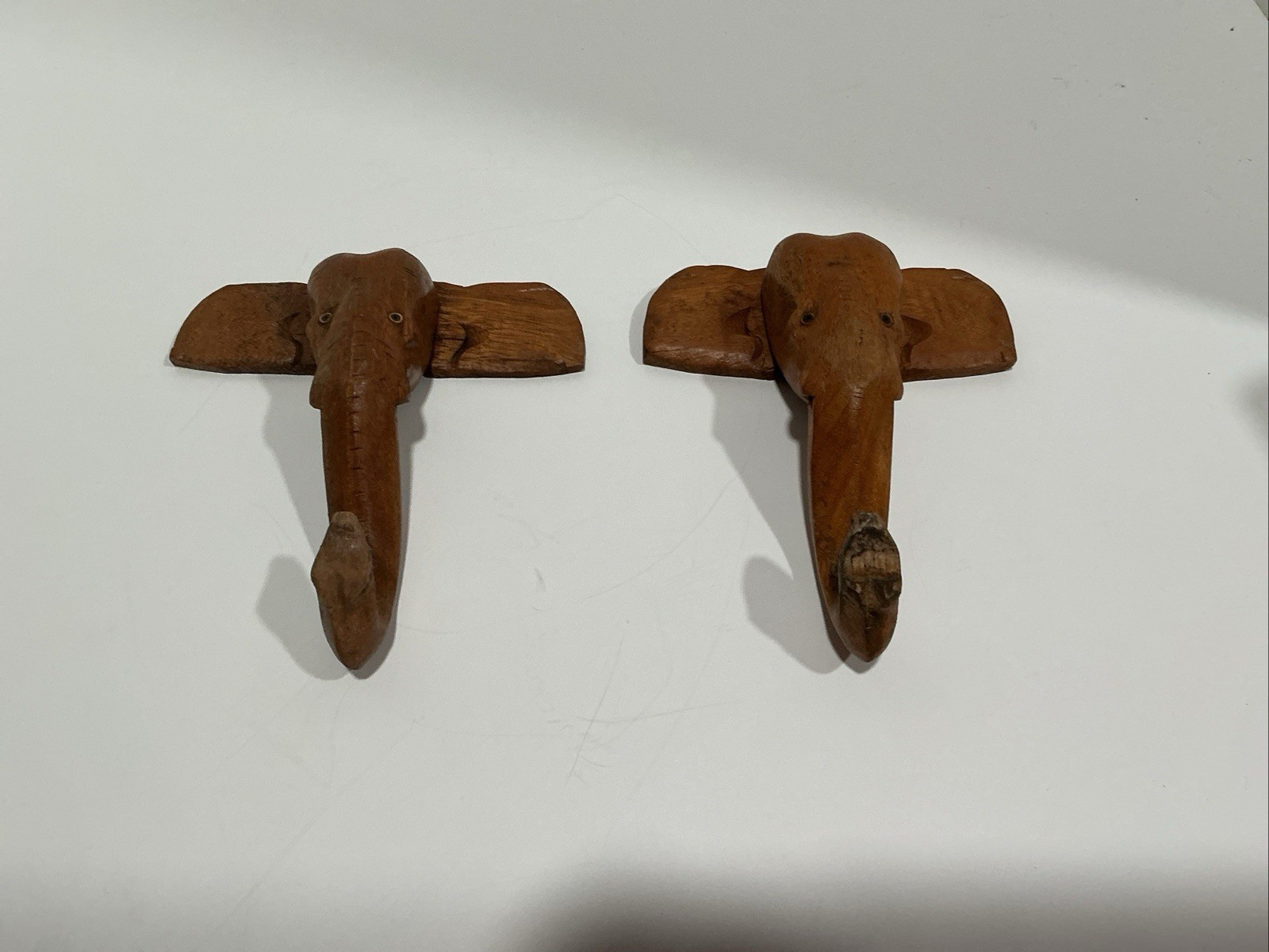 Vintage Hand Carved Wooden Elephant Head Wall Hooks
