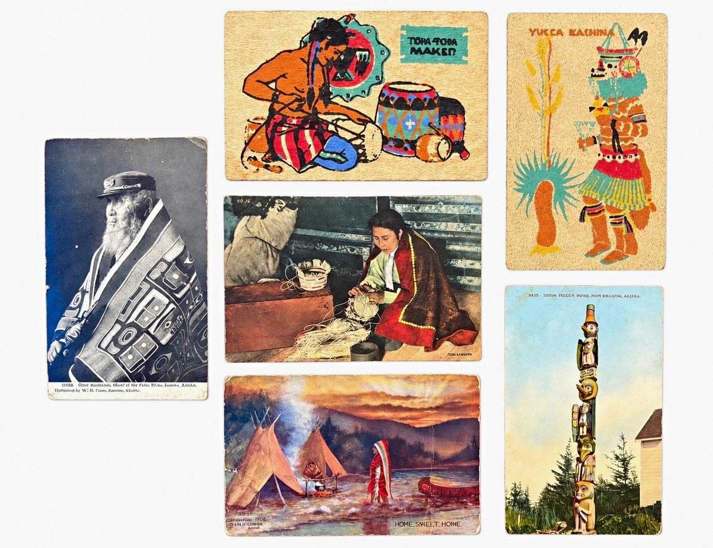 6 Vintage Native American Postcards Alaska Tlingit Taos Hopi Wood 1900s Lot