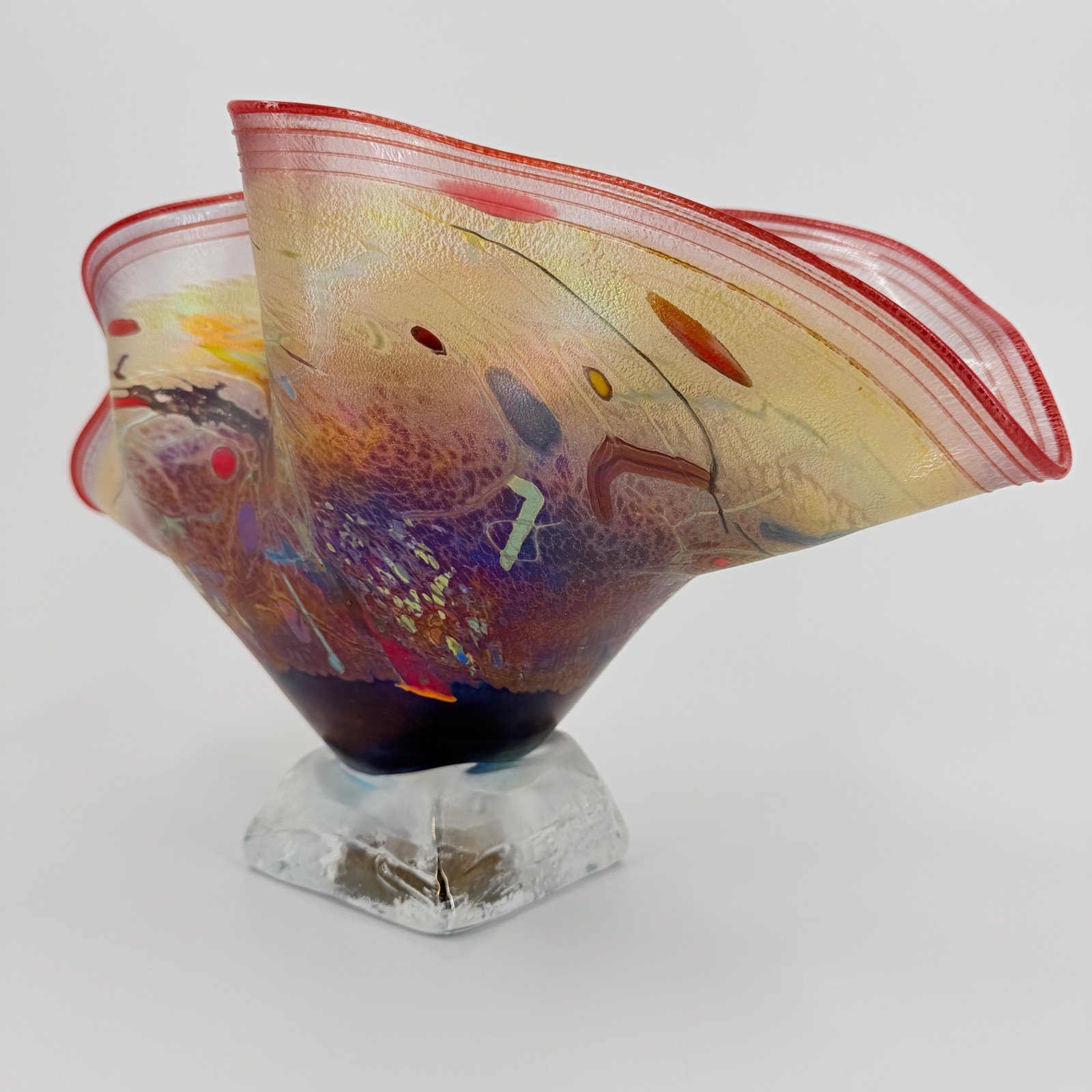 Hand Blown Art Glass Vase Swirl Red Yellow Purple Iridescent Accent Unique Decor