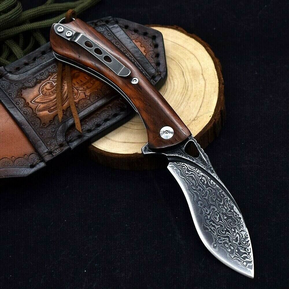 Drop Point Folding Knife Pocket Hunting Tactical Survival Damascus Steel Wood 3\