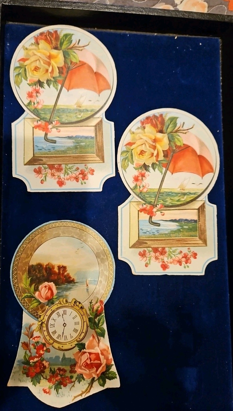 1880s-90s  3 Victorian Die-Cut Sea Sailboat Parasol Umbrella & Clock