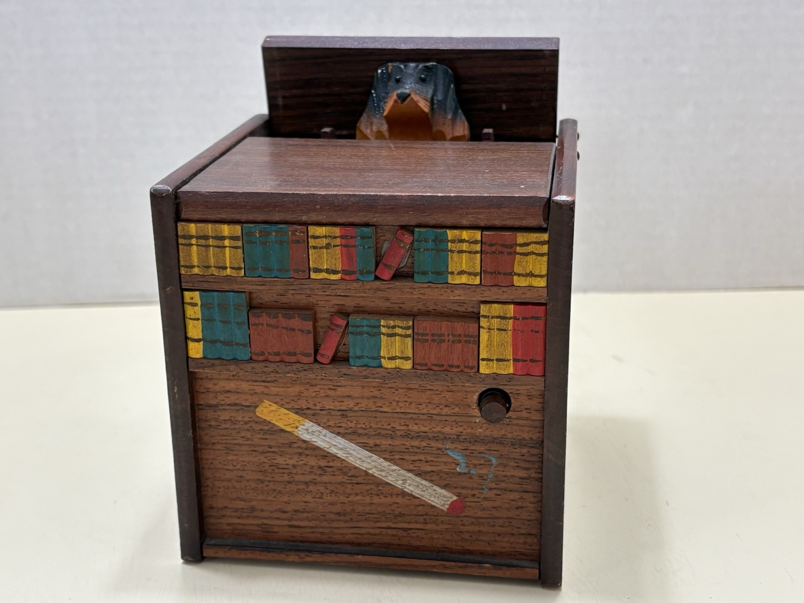 Vintage Mechanical Musical Wooden Cigarette Dispenser With Dog - Working 