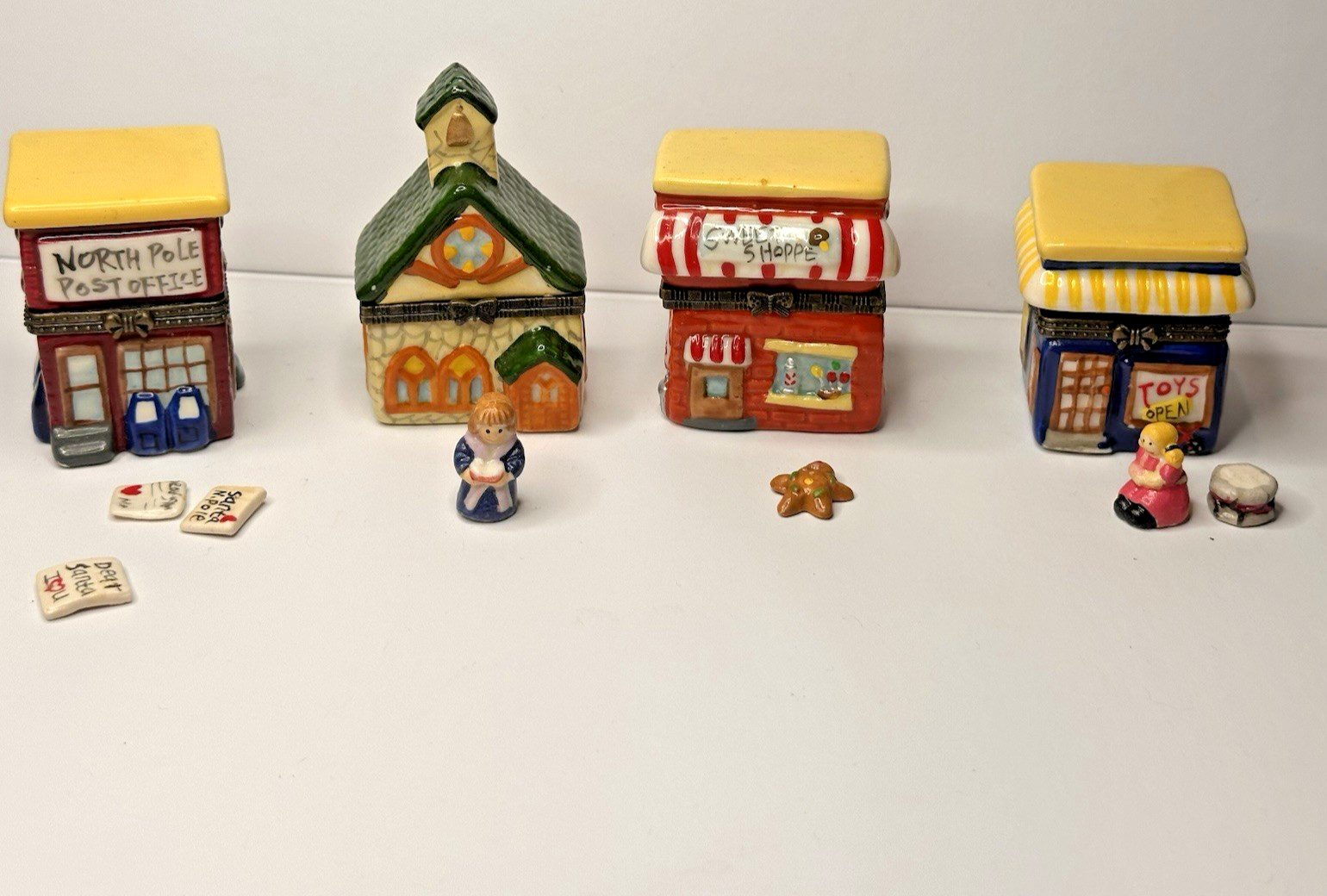 4 VTG Village Porcelain Hinged Trinket Boxes Church Toys Candy Post Office