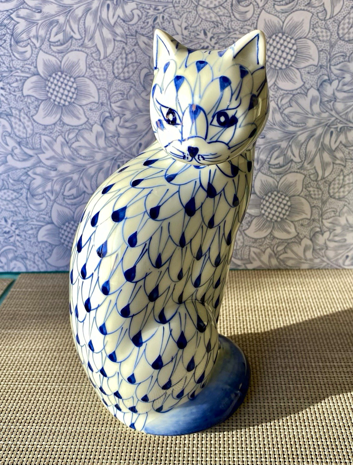 Andrea by Sadek Handpainted Blue & White Porcelain Cat Figurine