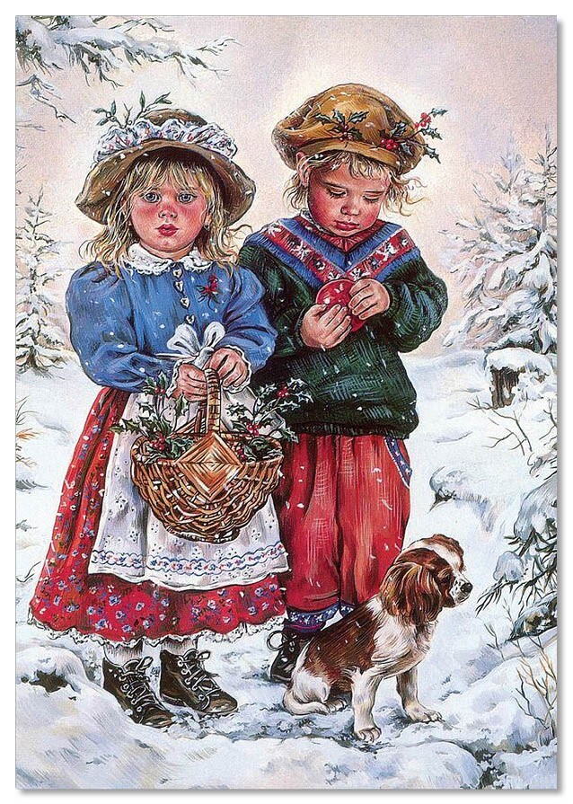 Pretty LITTLE GIRL BOY Dog Merry Christmas Gifts ART NEW modern Postcard