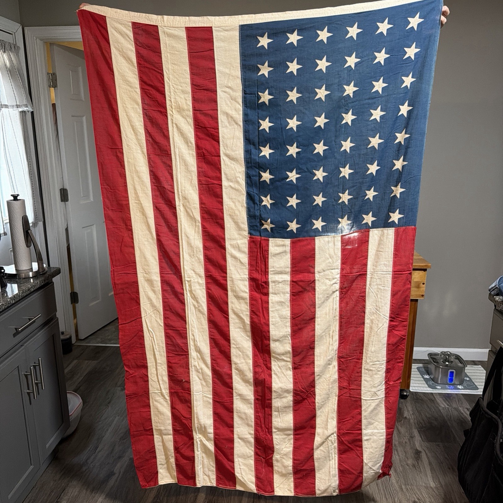 American Flag 48-Star Vintage 44” x 67” - Repaired, Stains, Holes