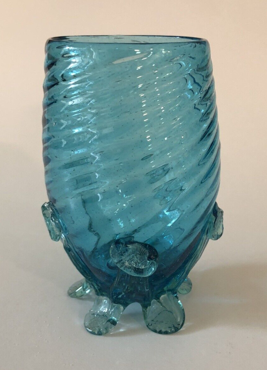 Caribbean Blue Hand Blown Art Glass Footed Whimsical Vase 5.5\