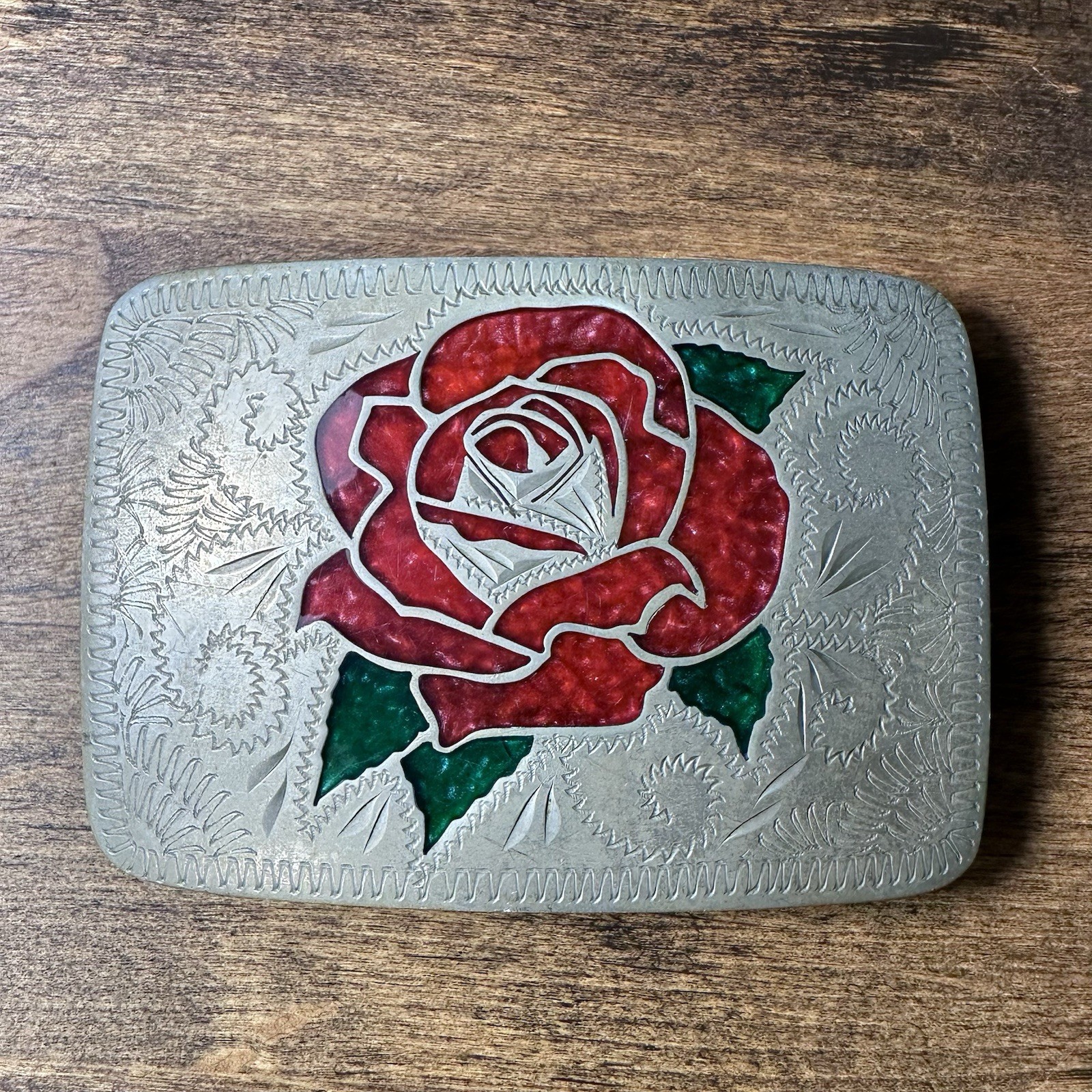 VTG Johnson Held Red Rose Flower Inlay Handcrafted Western Cowboy Belt Buckle