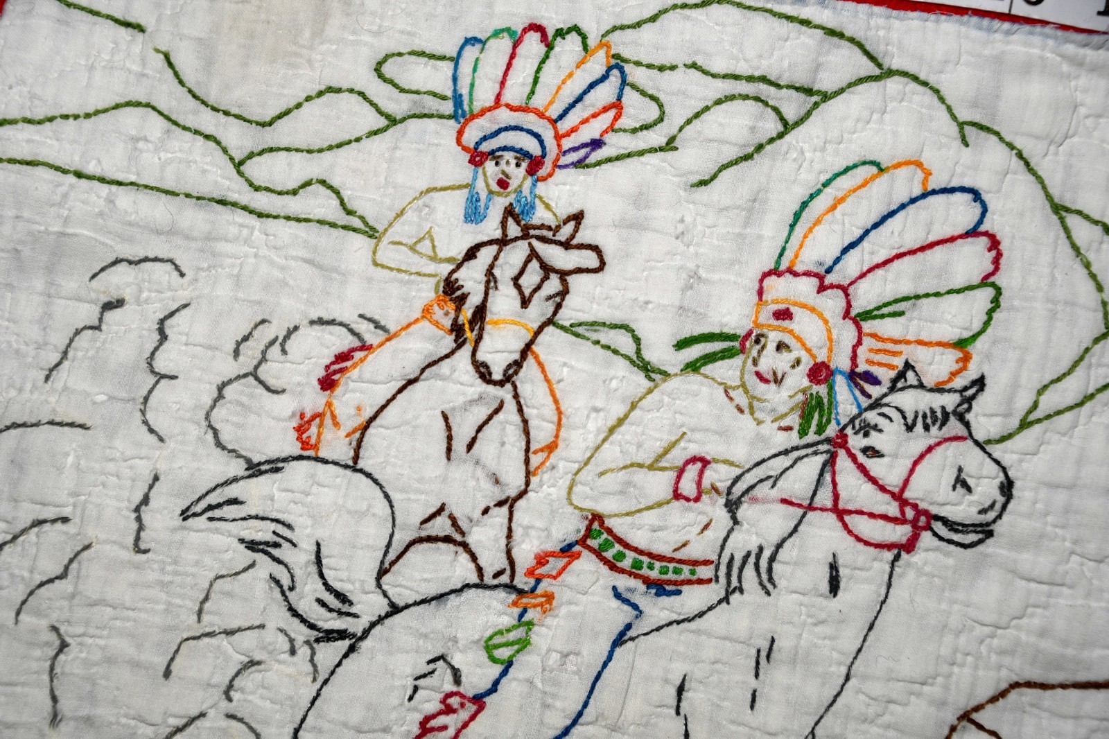 Vintage/Antique Embroidered Horse Cowboy Indian Western Cutter Quilt Block Piece