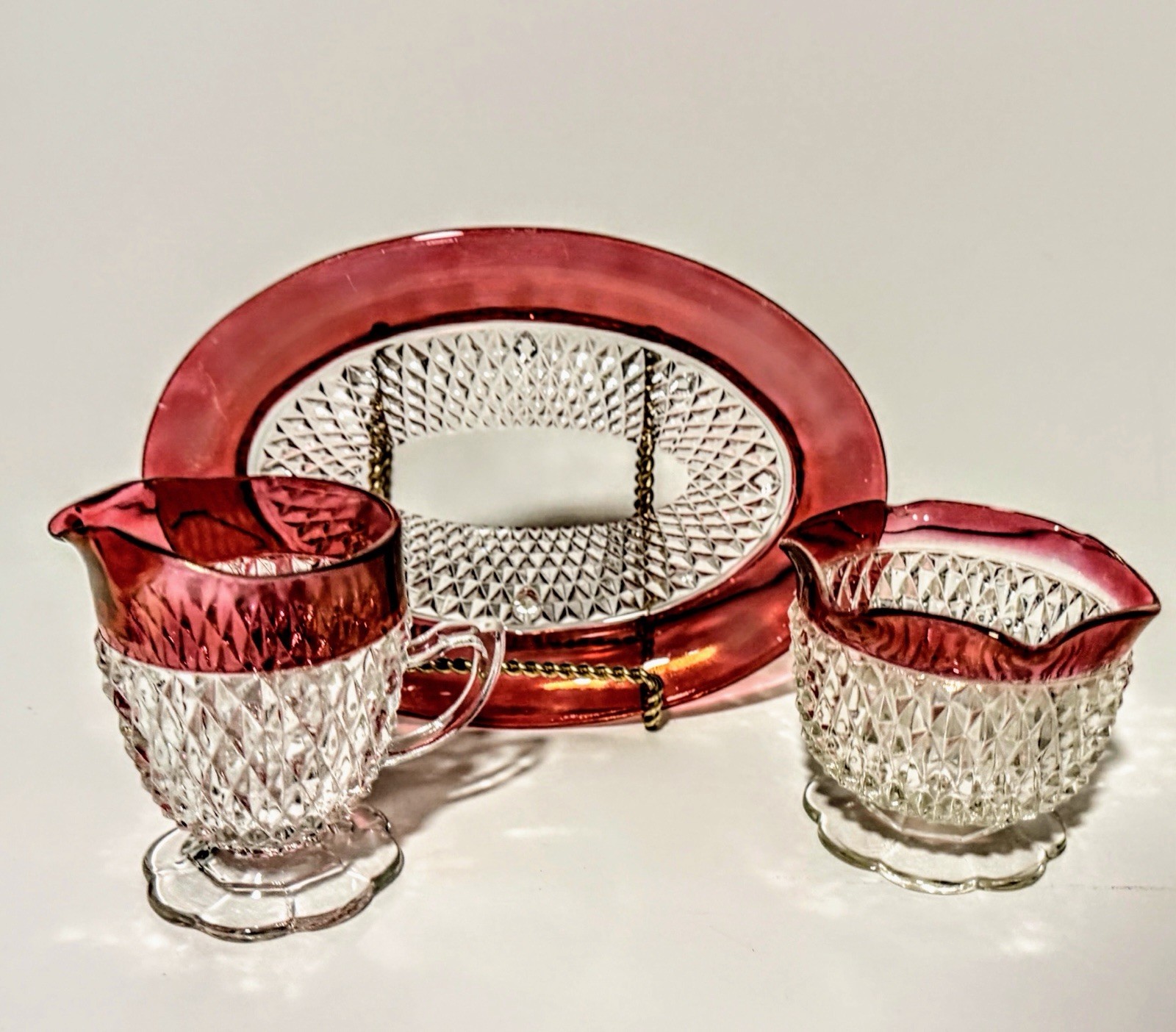 Vintage Indiana Glass Diamond Point Ruby Flash Creamer Sugar Bowl Oval Tray Set