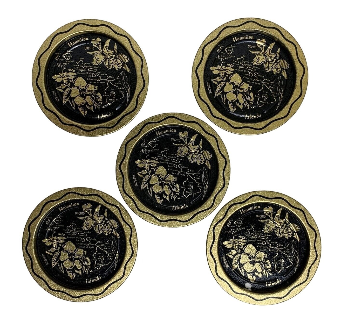 Vintage Set of 5 Hawaiian Islands Coaster Black Gold Steel Map Hibiscus Orchid