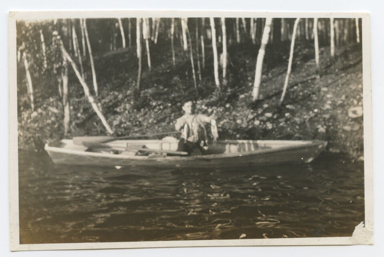 Vintage C. 1950s Old Found Photograph Fishing Lake Man Holding Fish And Smoking Vintage C. 1950s Old Found Photograph Fishing Lake Man Holding Fish And Smoking