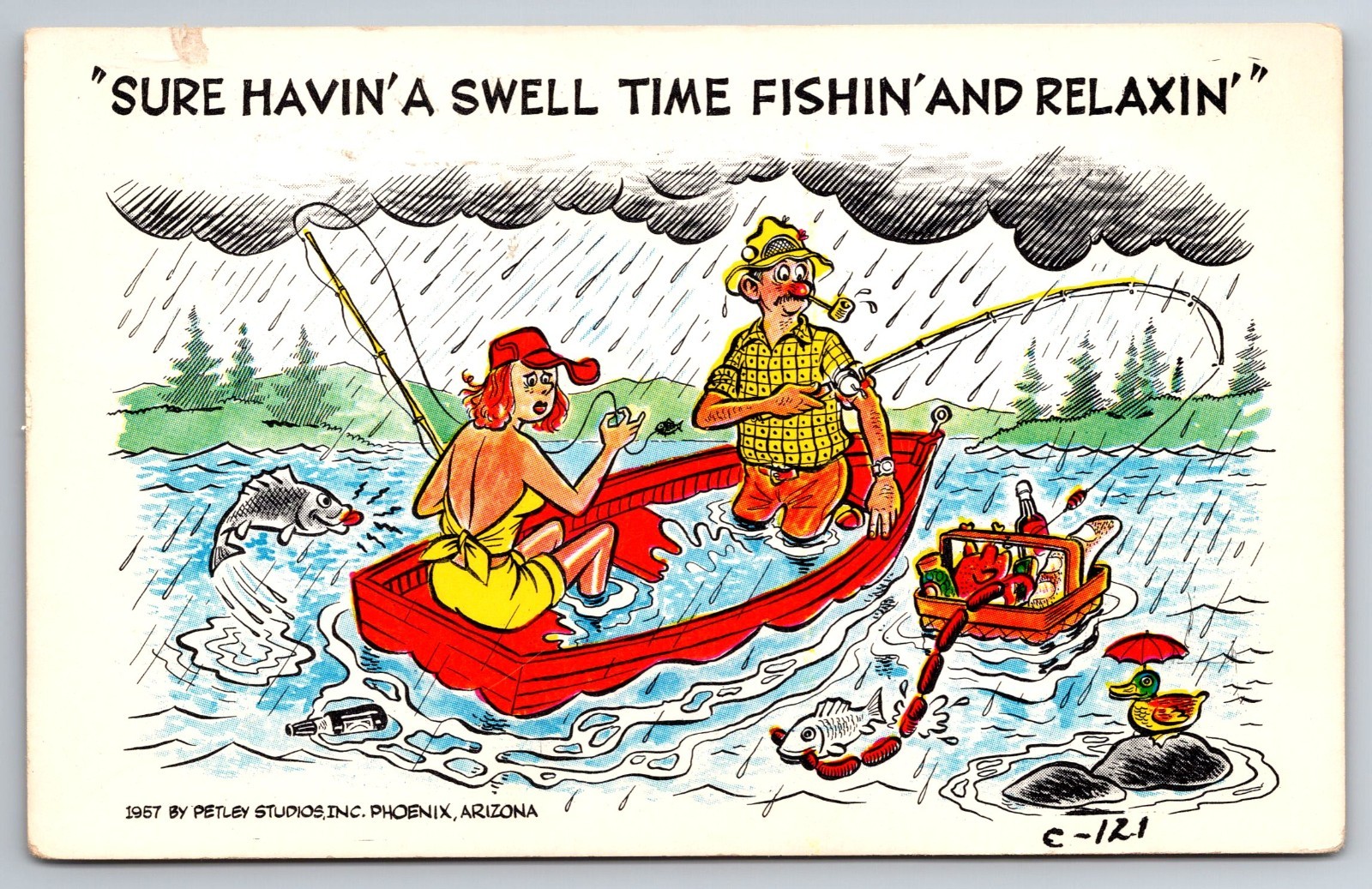 Funny, Humor, Man Woman Fishing in Rain, Having Swell Time, Vintage Postcard