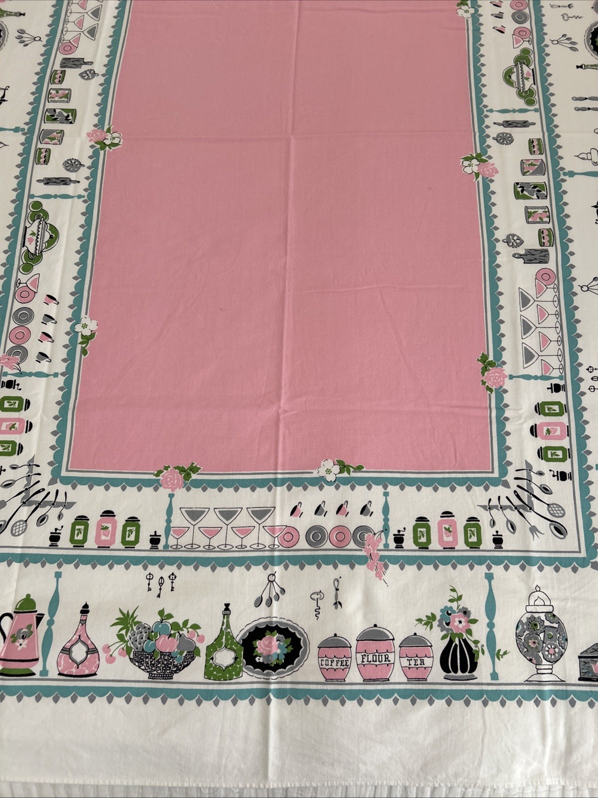 Vintage MCM Mod Pink Avocado & Turquoise Printed Tablecloth Kitchen 49\