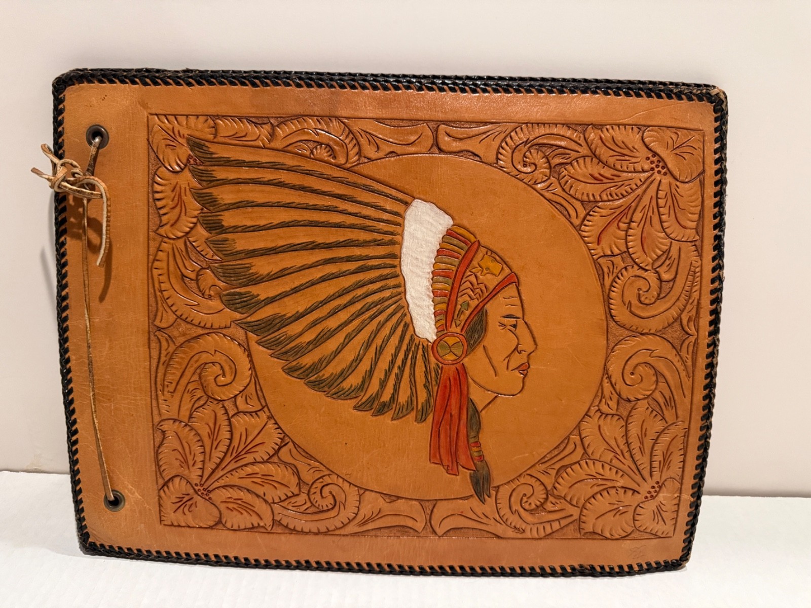 Vintage Hand tooled leather Native American Indian Chief photo album scrapbook