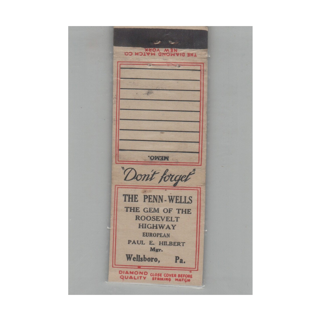 1920s-1930s Diamond Quality Matchbook Cover The Penn-Wells Wellsboro PA