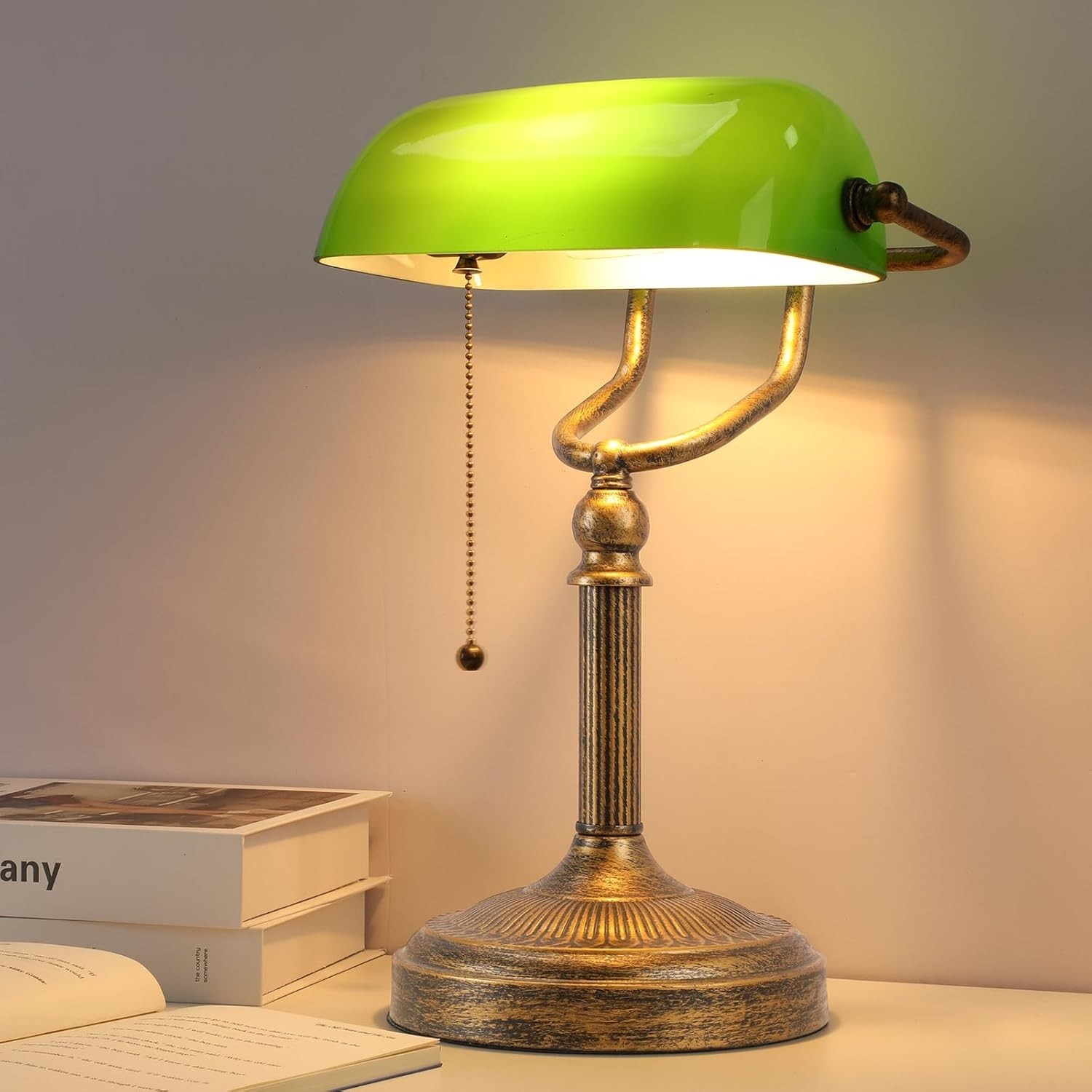 Bankers Desk Lamp, Green Glass Shade, Vintage Desk Lamp with Pull Chain Switch,