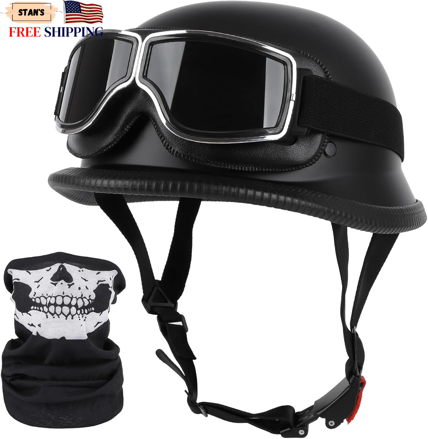 German Style Motorcycle Helmet DOT Approved Adult Men Women Half Helmet Skull...